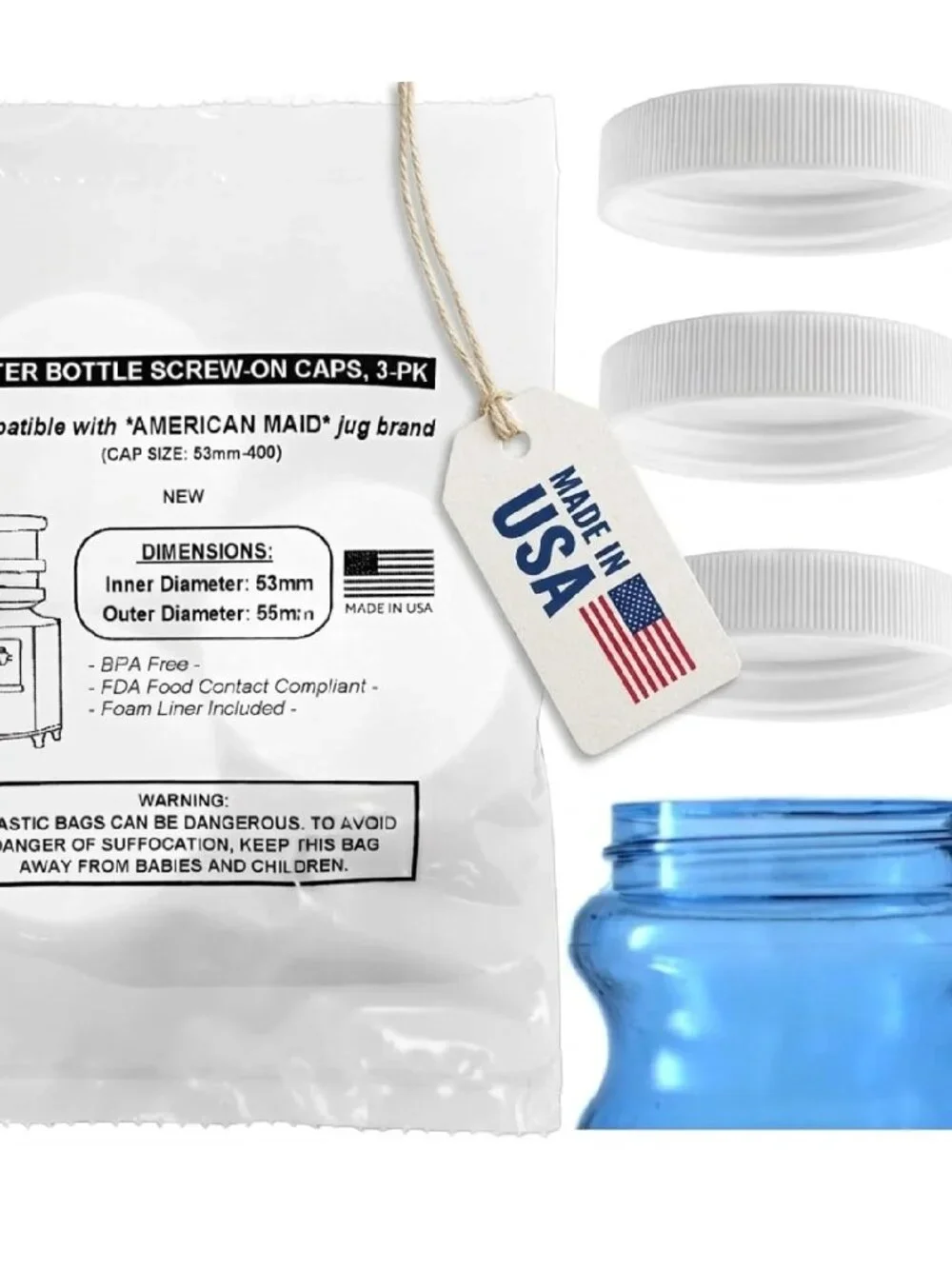 Threaded/Screw-On Caps for 3 and 5 Gallon Water Bottle Jugs (3 pk) (53mm, White)